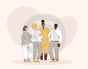 Group of diverse teenagers standing together. Young female and male friends wearing in casual clothes. Boys and girls hugging each