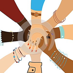 Skupina z rozmanitý ženy ruky spoločne sesterstvo vektor 