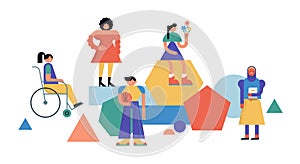 Group of diverse young people standing together. Characters illustrations in geometric modern colorful design