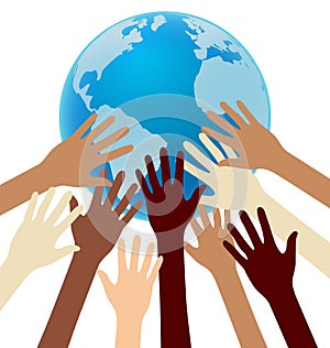 Group of Diversity Hand Reaching For the Earth, Globe, Unity photo
