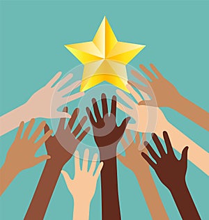 Group of Diversity Hand Reaching For The Stars, Success Metaphor