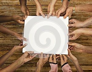 Group of diversity hands holding empty paper