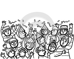 A group of diversity of people celebrate Christmas and new years party anniversary together. Black and white line drawing