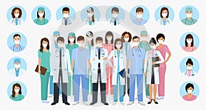 Group of doctors and nurses characters in masks in different poses with vector profile avatars. Medical people design
