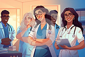 Group of doctors and nurses in a hospital. Vector illustration in cartoon style, Smiling female doctor standing with medical