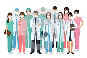 Group of doctors and nurses with medical protective masks standing together in different poses. Medical people