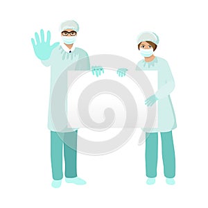 Group of doctors presenting empty banner. Doctor and nurse in protection suit and mask with stop sign. Vector