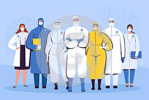 A group of doctors in protective suits, glasses and medical masks are standing next to each other. The concept of the