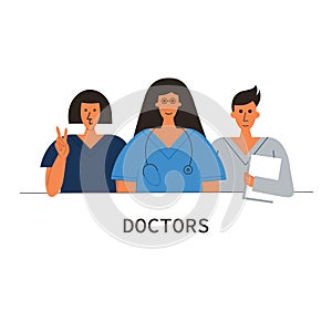 Group of doctors and therapist with stethoscopes. Colored flat cartoon vector illustration isolated on white background.