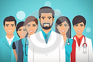 Group of doctors in uniform, cartoon illustration