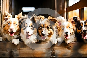 A group of dogs against a dark backdrop