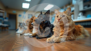 Group of Dogs and Cat Laying on the Floor