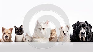 group of dogs and cats in front of a white background, studio shot.