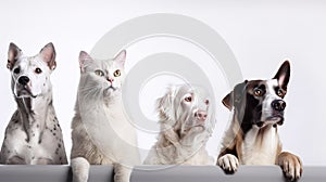 group of dogs and cats in front of a white background, studio shot.