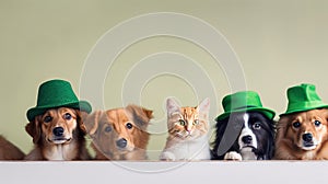 Group of dogs and cats in green st. patrick hats on white background. banner.