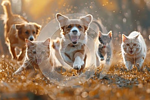 a group of dogs and cats joyfully jumping and running in a field with a blurred background.