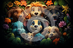 a group of dogs and cats in the jungle