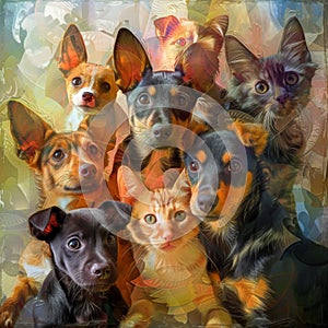 Group of Dogs and Cats Looking at Camera