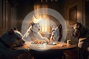 a group of dogs and cats playing a game of poker