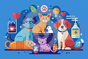 A group of dogs and cats sitting next to each other, Pet care Customizable Disproportionate Illustration