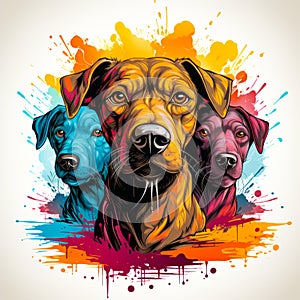 Group of dogs with different colored spots on white background. Generative AI