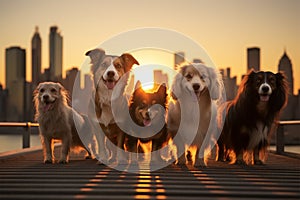 Group of dogs enjoys a sunset stroll in New York City