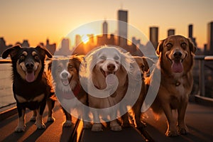 Group of dogs enjoys a sunset stroll in New York City