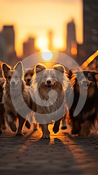 Group of dogs enjoys a sunset stroll in New York City