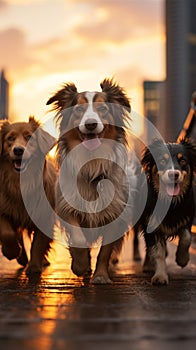 Group of dogs enjoys a sunset stroll in New York City