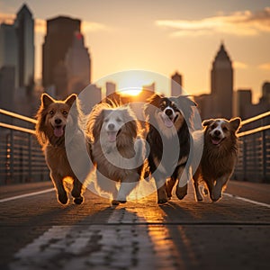 Group of dogs enjoys a sunset stroll in New York City