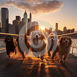 Group of dogs enjoys a sunset stroll in New York City