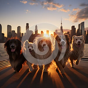 Group of dogs enjoys a sunset stroll in New York City