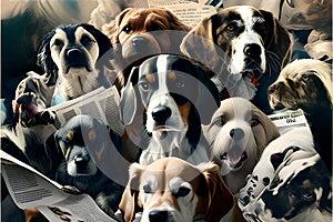 Group of dogs on newspaper background. Dog collage. Pet background