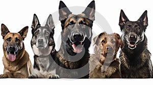 A group of dogs with with open mouth on isolated white background