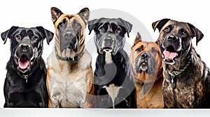 A group of dogs with with open mouth on isolated white background