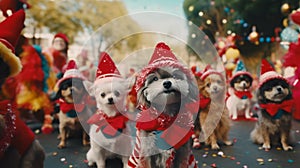a group of dogs,pet parade adorned in Christmas outfits and accessories, parading down a street festooned with Christmas