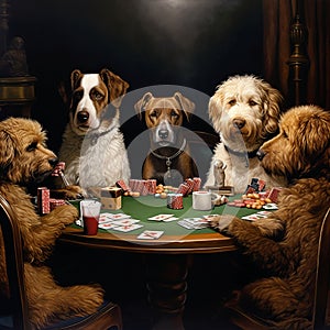 a group of dogs playing cards at a table