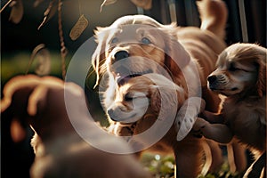 a group of dogs playing with each other in a yard with leaves on the ground and a dog looking up at the camera