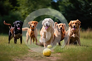 group of dogs playing in field, with their eyes fixed on the ball