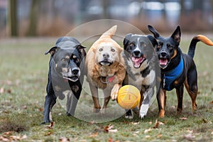 group of dogs playing in field, with their eyes fixed on the ball