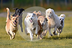 group of dogs playing in field, with their eyes fixed on the ball
