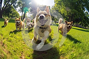 A group of dogs playing and running together in the park. Generative AI