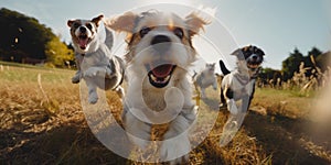 A group of dogs running across a field. Generative AI image.