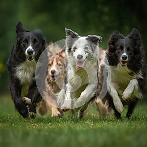 A group of dogs running in a line in the grass