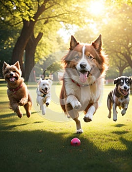 Group of dogs running in the park having fun.generative AI