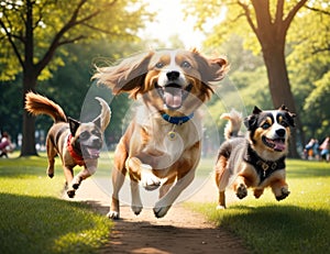 Group of dogs running in the park having fun.generative AI