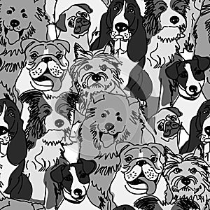 Group dogs seamless pattern gray scale