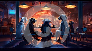 A group of dogs sit at a table and look out the window, illustration photo