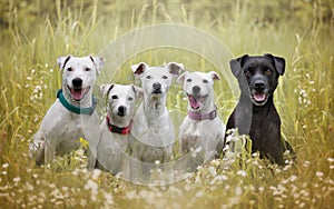 A group of dogs sitting in the forest. Agility dog ??race.