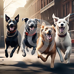 a group of dogs striking dynamic poses in a city park trending on artstation sharp focus studio